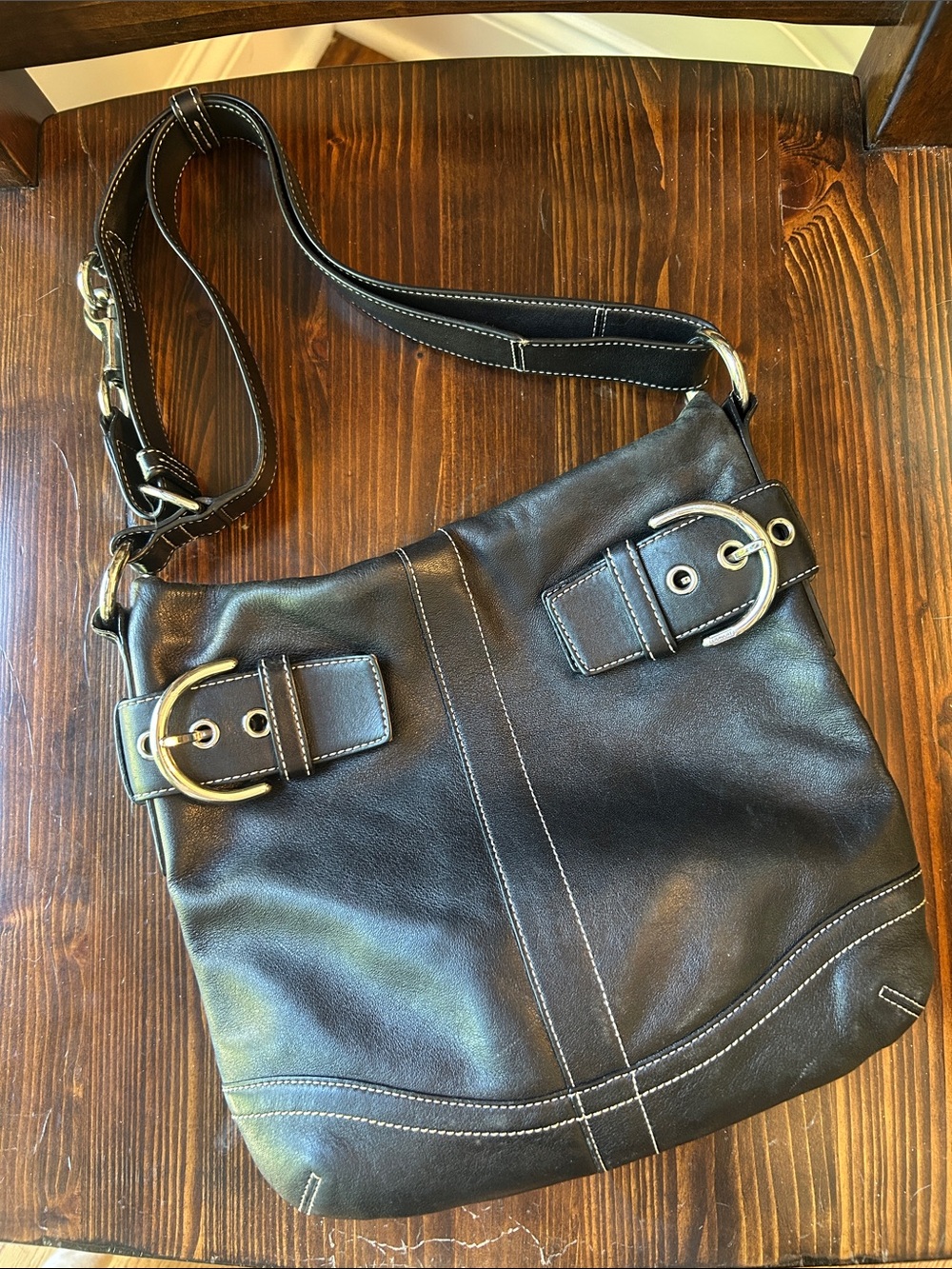 Coach Black Leather Bucket Bag with Contrast Stitching